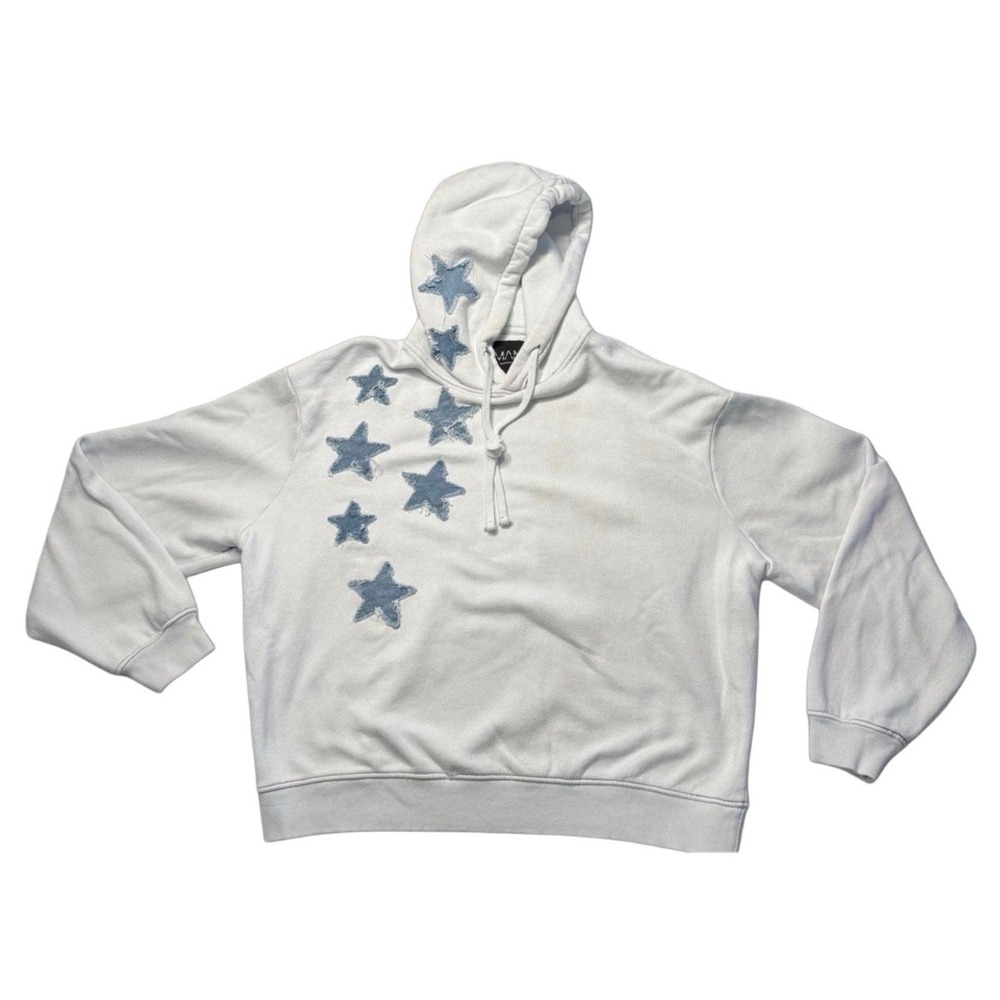 BoohooMAN Hoodie Light Blue Cotton Dark Blueโ Patchwork Stars Streetwear Unisex